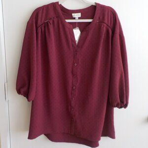 Wonderly Blouse - New w/Tags - Cranberry Short Sleeve Button Down - 1X (612)